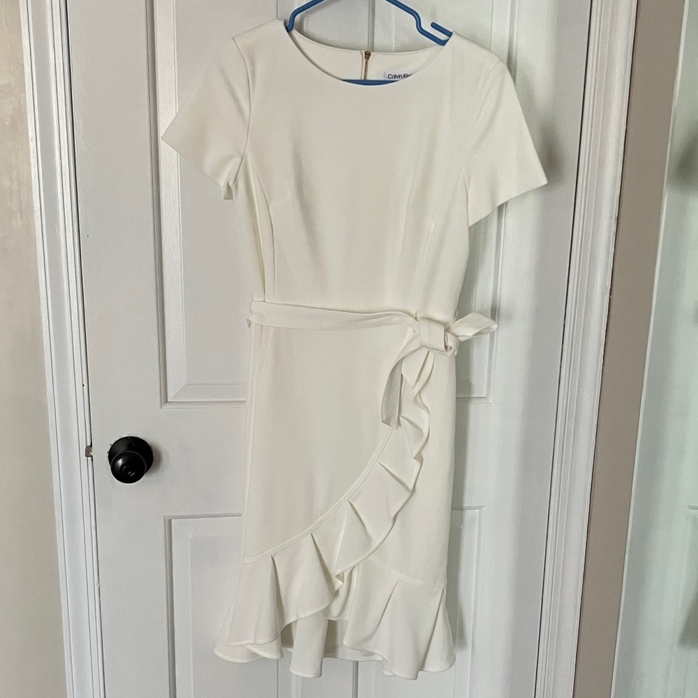 Calvin Klein Cream Midi Dress with Ruffle Accent